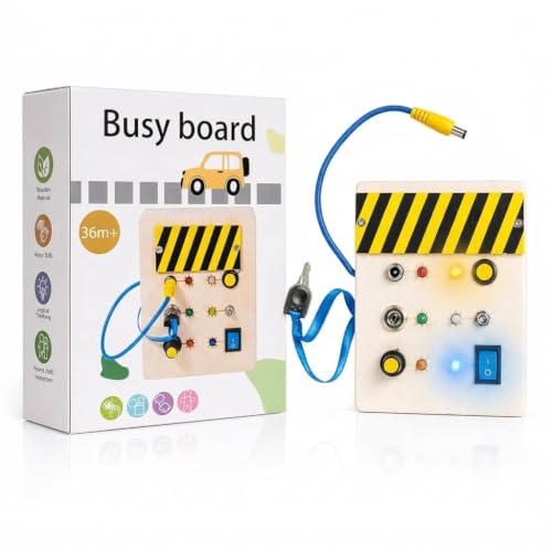 Image of Montessori Wooden Busy Board for Toddlers 1-5 Years | LED Lights & Car Sounds, Learning Activity Panel, Fine Motor Skills Educational Toy, Screen-Free, Travel-Friendly Playset