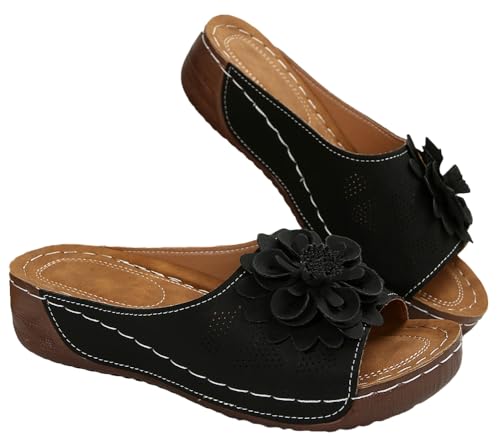 Womens Wedge Sandals 2025 Flower Summer Dressy Flat Open Toe Platform Shoes Casual Boho Slip on Beach Walking Sandals