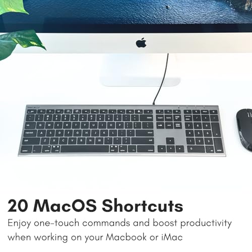 Macally USB C Keyboard (Upgraded) - Dual USB A + C Plug - Wired Keyboard for Mac - Ultra Slim, 20 Shortcuts, 110 Scissor Keys - for MacBook Pro/Air, Mac mini, iMac, iPad - Gray