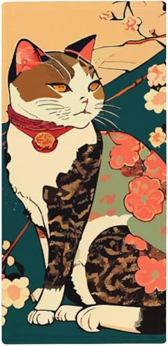 タオル かわいい 猫 和風 桜 浮世絵 フェイスタオル 38X78cm 長め 大きめ ハンドタオル サンゴフリース 耐久性 ふわふわ ソフト 柔らか肌触り 肌に優しい やわらか 軽い 薄手 乾きやすい 抗菌防臭 家庭用、温泉、砂浜、スポーツなどにも最適 部