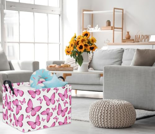 Image of Rectangular Butterfly Pink Kids Storage Basket - Baby Girl Basket Toy Storage Bin Organizer Box Rainbow Room Decor