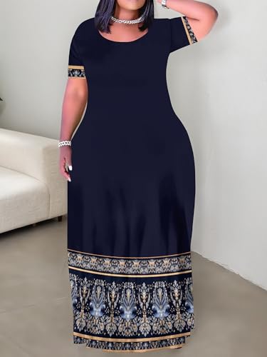 Image of PinkPatty Plus Size Maxi Dress for Curvy Women Crew Neck Long Sleeves Casual Dress Vacation Sundresses with Pockets
