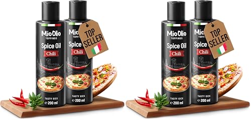 Mioolio 2x200ml aceite de chile - Aceite de condimento caliente para pizza, pasta, carne y verduras - Sin grasa de palma, conservantes y sin gluten - Ideal para cocinar y condimentar (Paquete de 2)