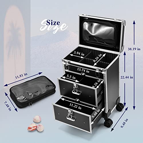 Adazzo Professional Rolling Makeup Train Case With Drawers, Large Cosmetic Trolley With Locks, Cosmetics Storage Organizer Make Up Case For Travel Makeup / Nail Art / Hair Styling, Matte Black #TOP2