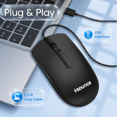Image of Sounce Carbon M1 Wired USB Mouse with 1200 DPI Optical Tracking, 3 Buttons, Scroll Wheel, 1.5m Cable, Plug & Play, Compact Design for Laptop & PC - Black