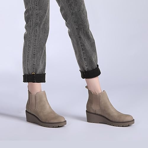 Athlefit Women's Chelsea Wedge Boots Elastic Platform Lug Sole Slip on Wedge Ankle Khaki Booties Size 6 — view 2