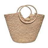 Bolsa De Palha Natural Feminina Mochila Juta para Praia Piscina Grande Ombro Com Alça De Madeira (Palha)