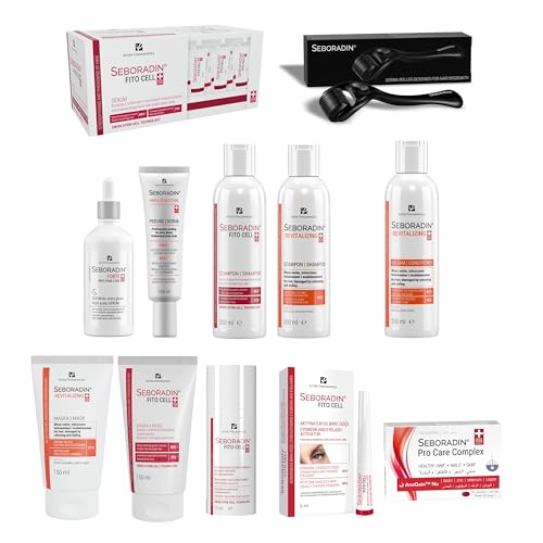 SEBORADIN Maria White Set PRO – Derma Roller – Exfoliante Profesional – Suero Fito Cell – Champú x2 – Máscara – Activador Cejas Pestañas – Máscara Acondicionadora – Acondicionador – Vitaminas