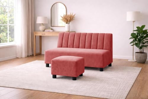 Image of Rosebell 2 Seater Sofa Set with Ottoman, Plush Upholstered Couch with Matching Footrest, Modern Comfortable Seating for Living Room & Office, Guest Room - Rose Pink Color