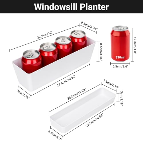 Image of GREANER 12x3.8 Inch Herb Planters, 6 Pack White Rectangle Window Boxes with Tray, Indoor Succulent Cactus Mint Plastic Pot with Saucer for Windowsill, Balcony, Office, Outdoor Garden