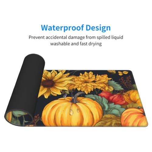 Image of Fall Pumpkin Sunflower Mouse Pad 31.5x11.8 XL Watercolor Autumn Leaf Floral Extended Mousepad Large Keyboard Mouse Mat Desk Pad with Non-Slip Rubber Base Stitched Edges for Home Office Game