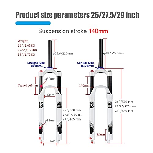 Magnesium Alloy Mtb Fork 26/27.5/29 Inch, Ultralight Shock Absorber Travel 140Mm Remote Quick Lock 1-1/8 ” Mountain Bike Front Fork White (Color : Straight Manual Lock, Size : 29 Inch) #TOP1