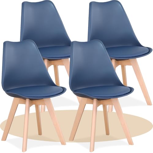 Dekohome Pack de 4 Sillas de Comedor, Sillas de Cocina con Respaldo Ergonómico, Asiento Acolchado Tapizado y Patas de Madera Maciza de Haya, Azul Oscuro