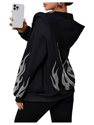 SOLY HUX Womens Zip Up Hoodie Y2k Graphic Oversized Sweatshirt Long Sleeve Jackets Fall Outfits Black Rhinestone Medium