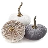 Set of 3 Velvet 6.25 Inch Pumpkins, fall decor, cozy autumn vibe, tiered tray tablescape, elegant accent decor, Thanksgiving centerpiece, neutral mantel decor (Gray, Taupe, Ivory)