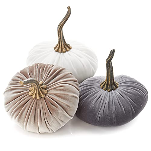 6.25 Inch Large Velvet Pumpkins Set of 3 Includes Gray Ivory and Taupe, Handmade Home Decor, Holiday Mantle Decor, Fall Halloween Thanksgiving Centerpiece, Rustic Fall Wedding Centerpiece Decor