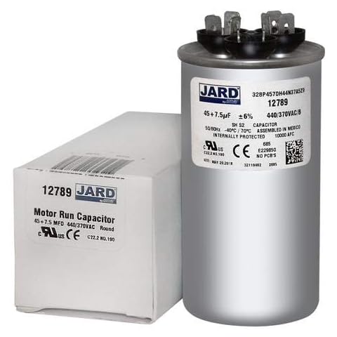 45 + 7.5 x 370/440 VAC Round Dual Run Capacitor by JARD # 12789 Cover