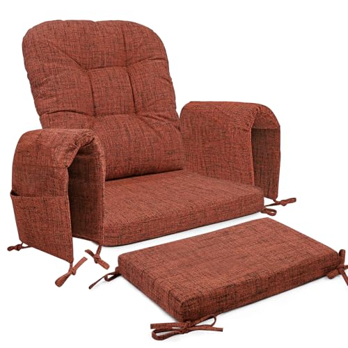 SINOSSO Glider Rocker Cushion Set (5 Pcs), Soft Blended Fabric High-Density Support Foam Seat Cushions with Ties, Fits Rocking Chair/Nursery Glider & Ottoman, Red