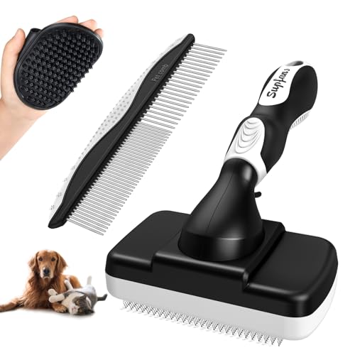 3PCS Dog Brush, Slicker Brush for Dogs, Dog Brush for Shedding, Dog Comb, Dog Bath Brush, Dog Grooming Kit Suitable for Hair Removal and Bathing of Dogs & Cats (White Black)