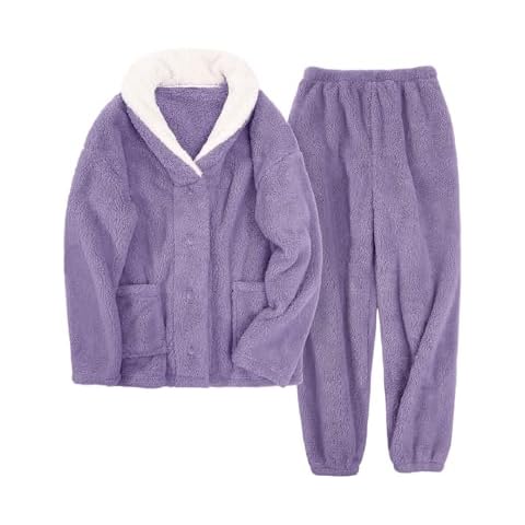 VXVGER Fuzzy Pajamas Set for Women Winter Soft Fleece Pj 2 Piece Warm Nightgown Fluffy Loungewear Plush Sleepwear,Purple,L Cover