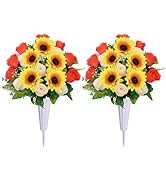 Lodou Artificial Cemetery Flowers for Grave,Set of 2 Artificial Rose Sunflower Bouquet Graveyard ...