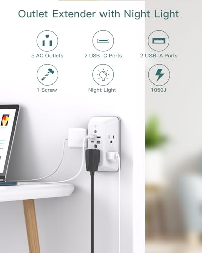 Addtam Surge Protector Outlet Extender, Plug Extension Outlet with Night Light, 5-Outlet Splitter and 4 USB Ports(PD 30W), Multi Plug Wall Outlet for Home Office Dorm Room Essentials
