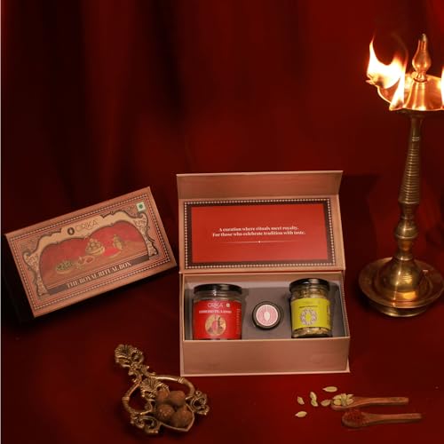 Image of Royal Ritual Gift Box | Kashmiri Pampore Saffron 0.25g, Idukki Bold Green Cardamom 25g & Espresso Till Laddoo | Premium Indian Spices & Gourmet Delight