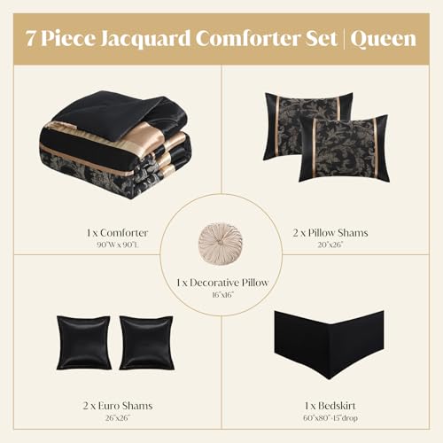 Image of CozyDH Black Gold Comforter Set Queen - 7 Piece Luxury Jacquard Silky Bed in a Bag, Vintage Floral Striped Damask, All-Season Down Alternative Bedding with Bed Skirt, Shams, Decorative Pillow