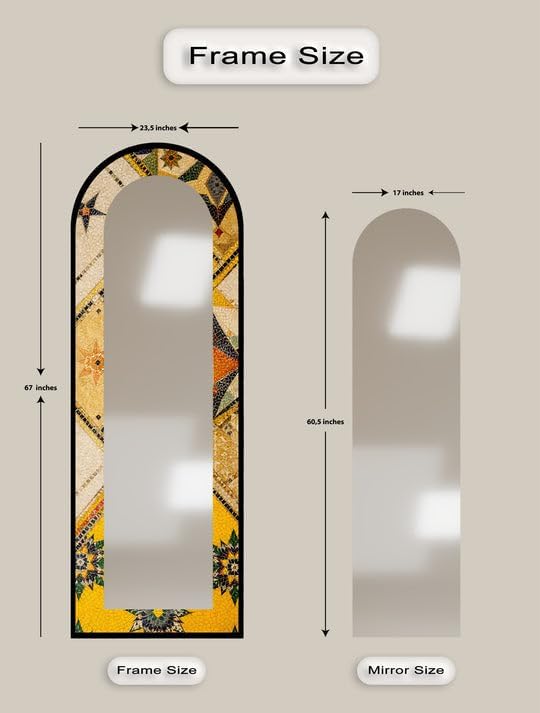 23,5’’W x 67’’H Golden & Brown Elegance – Mosaic Floor Mirror Arched Full Lenght Mirror - Arch Full Body Stained Floor Mirror with Black Frame with Silver Frame