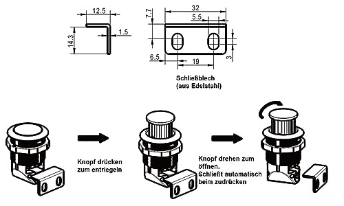 Haasweller I 2X Profi Push Lock 1-24mm Wohnmobil Möbelschloss Druckschlösser Druckknopf Boot Camper Verriegelung Schnappverschluss