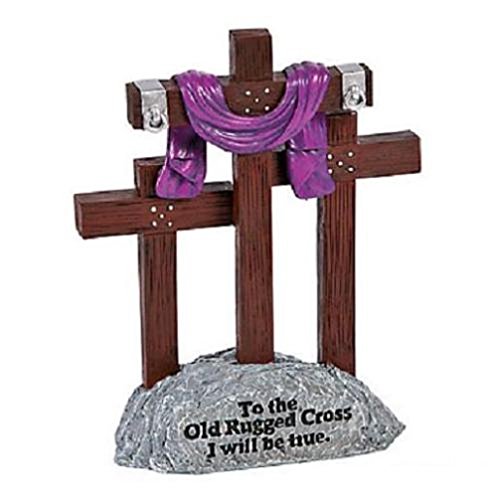 Old Rugged Cross 3 Cross Statue w/Purple Draped Scarf Easter Christian Religion Table Top Decoration
