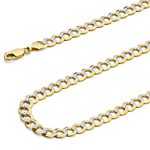 The World Jewelry Center 14k REAL Yellow/Two Tone Gold Solid 7mm, 5.5mm 4.5mm, 3.5mm Cuban Curb Chain Necklace OR Bracelet with Lobster Claw Clasp