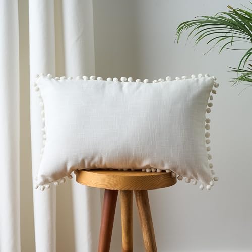 Image of 100% Cotton Pom Pom Cushion Without Filler, Elegant & Modern Cushion Cover for Living Room, Rectangle, 12 inchx20 inch, uni slub, Set of 4 - Half White