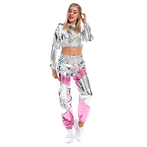 IWEMEK Rave Outfits Damen Metallic Top Glitzer Hose Trainingsanzug...