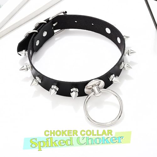 ACEDRE Spiked Leather Choker Black Studded O Ring Goth Collar for Women and Men2