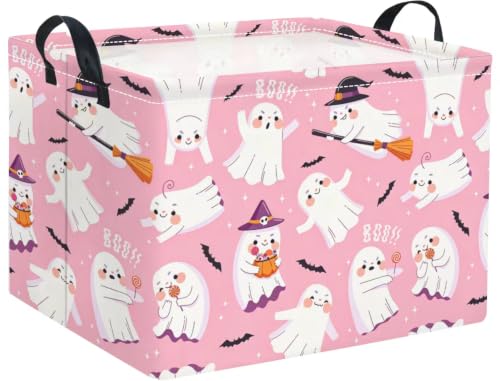Image of Halloween Basket Cute Baskets for Kids Pumpkin Basket Rectangular Storage Bin Organizer Box Room Decor(Pink Magic Ghost)