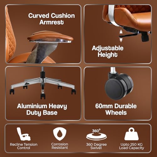 Image of Kepler Brooks Premium Executive Office Chair | Ergonomic High Back Leatherette Chair with Quilted Design, Adjustable Height & Multi Lock Recliner Tilt | Heavy-Duty Metal Base | Tan