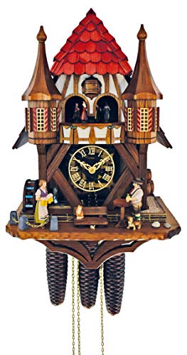Cuckoo Clock Black Forest House with Moving Beer Drinker and Mill Wheel