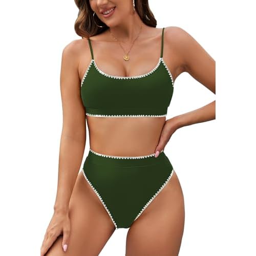 Pink Queen Plus Size High Waisted Bikini Set for Women Two Piece Cheeky High Cut Swimsuit Bathing Suit White M Small 03 - Army Green