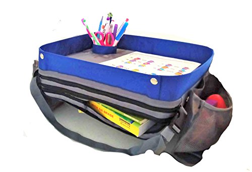 2018 IMPROVED Kids Travel Snack or Activity Tray Desk SALE with The Gift Package (Wipe Clean Pocket, Marker, Travel Game)…FITS any car sear, stroller, more. Perfect Child's Present (Dark Blue/Grey)