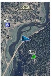 Garmin GPSMAP 62S displaying a detailed satellite image map with a trail and a 'Camp' waypoint.