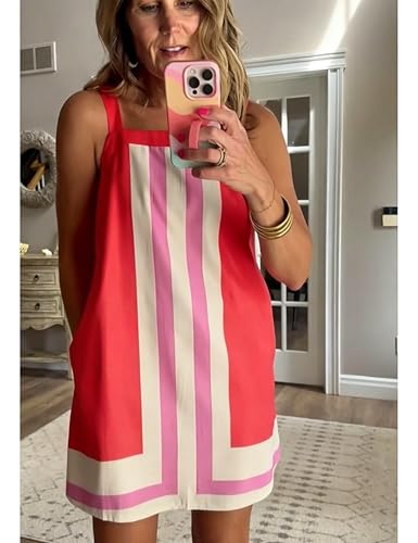 Image of Fiona Jolin Women's Striped Mini Dress Boho Shoulder Strap Sundress Summer Cover Up Dress for Beach