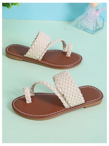 Image of GORGLITTER Girl's Strappy Leather Flats Sandal Cute Braided Dressy Toe Ring Slip on Slide Sandals