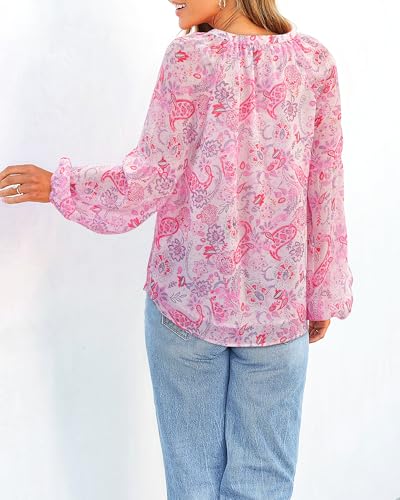 BTFBM Blouses for Women Dressy Casual Floral Summer Boho Tops V Neck Lightweight Long Sleeve Shirts Fall Clothes 2026(Floral Print Pink, Medium) — view 5