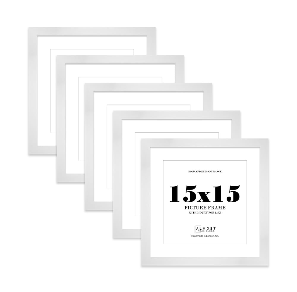 15x15" White Square Frame With Mount for 13x13" Pictures 28mm Edge Frame Display with Wall Hooks, 5 Pack