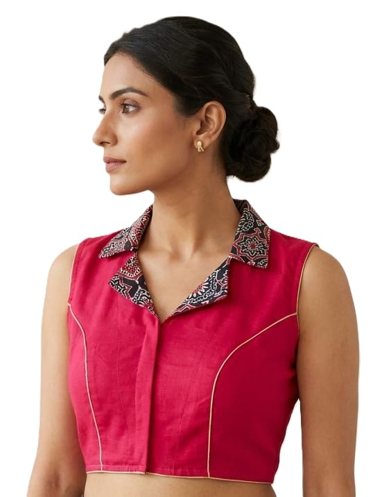 Red Ajrakh Print Sleeveless Collar Saree Blouse, Ethnic Crop Top with Contrast Printed Collar-picture-13