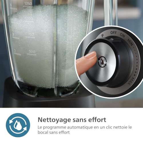 Philips Série 5000 Blender, Moteur ProBlend Plus 1200 W, Préparation de Smoothies Épais à Base de Fruits Surgelés, Capacité de 2 Litres, Nettoyage Sans Effort, Application HomeId, Noir (HR3041-00