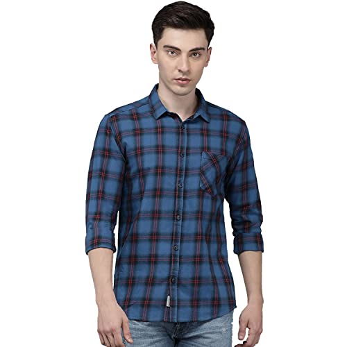 Image of VOI Jeans Men's Blue Slim Fit Checks Casual Shirt-VOSH1685-Shirt