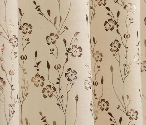 Image of Velvet Golden Foil Flower Pattern Curtains 9 Feet Long Pack of 1, Cream