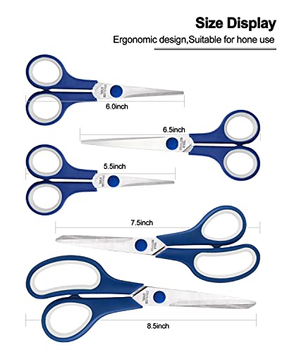 Craft Scissors Set Of 5, All Purpose Sharp Stainless Steel Blades Shears , Ergonomic Semi-Soft Rubber Grip For Office Home School Sewing Fabric Supplies, 5.5/6/6.5/7.5/8.5Inch, Blue&White #TOP2